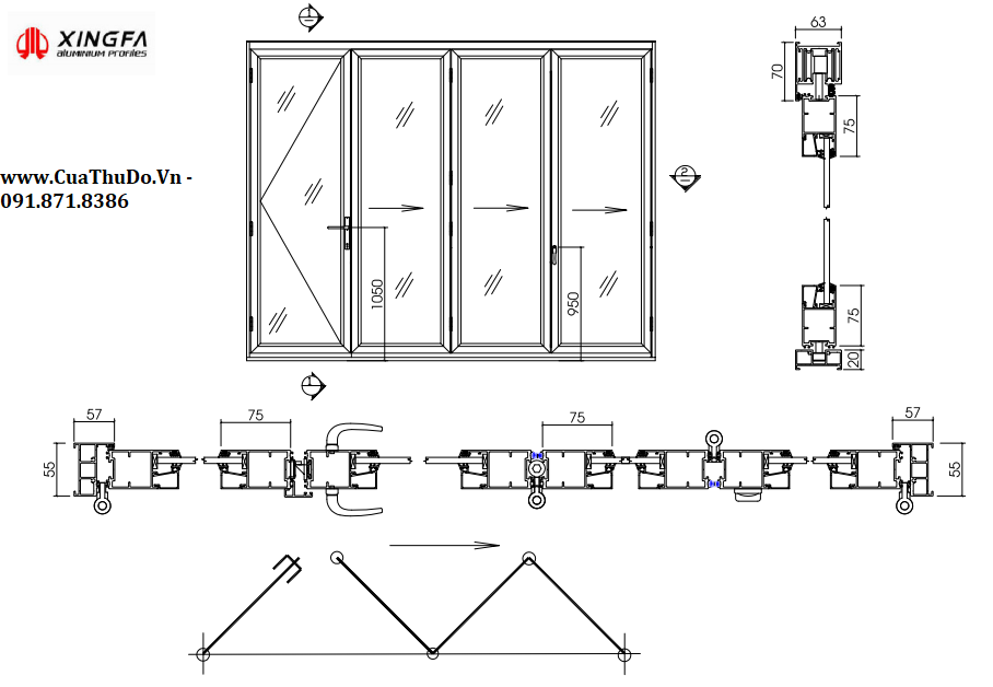 Bản vẽ chi tiết về thông số kỹ thuật của cửa đi mở xếp gấp 4 cánh: